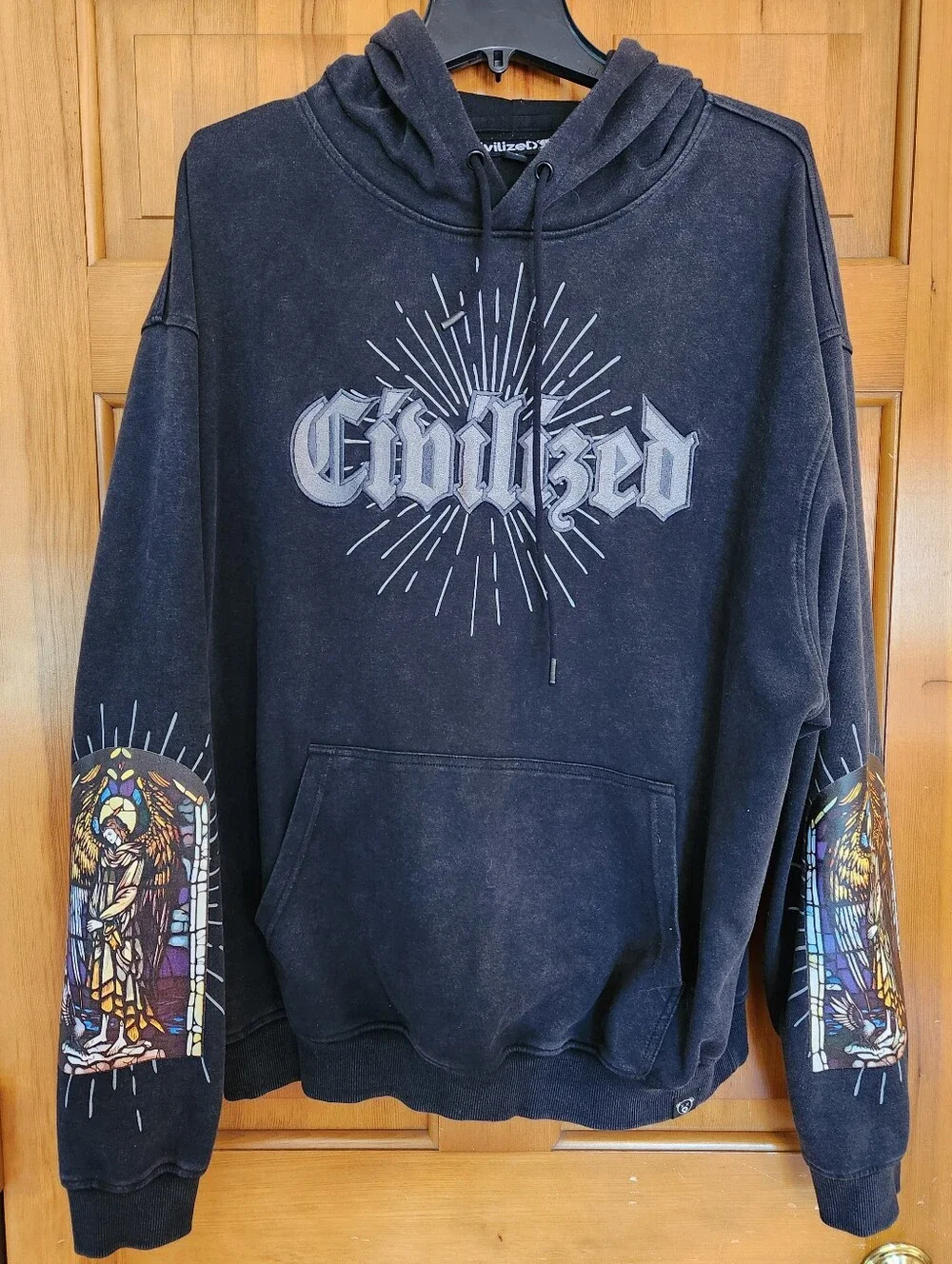 Civilized Black Graphic Hoodie with Stained Glass Art - Size XL